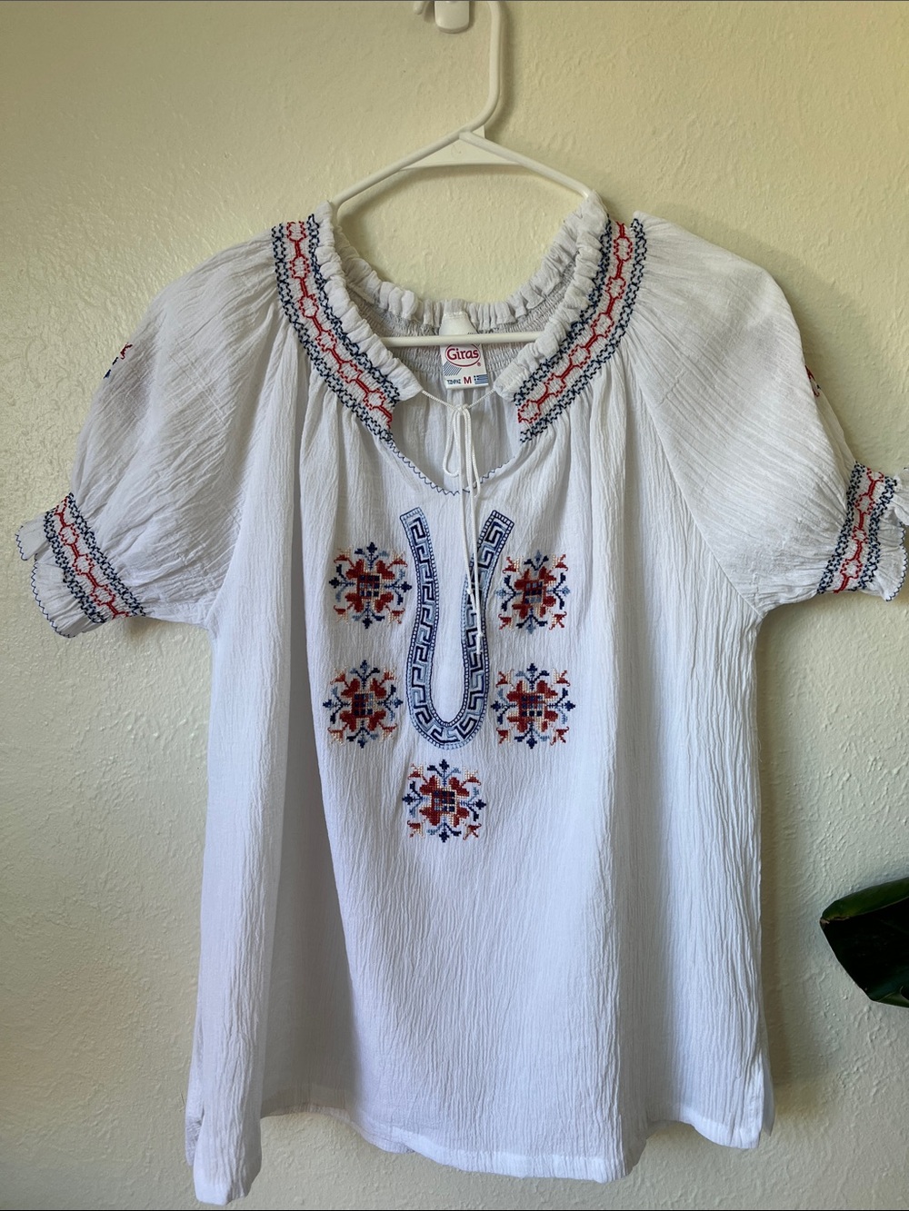 White Embroidered Peasant Blouse - Navy & Red Accents